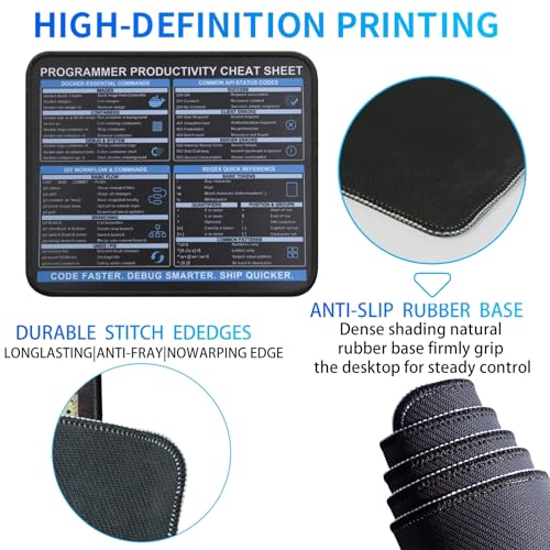 Programmer Cheat Sheet Mouse Pad, Git Docker Regex API Status Code Guide Desk Mat, Non-Slip Smooth Mousepad for Software Engineers Coders - color: Programmer & Coding