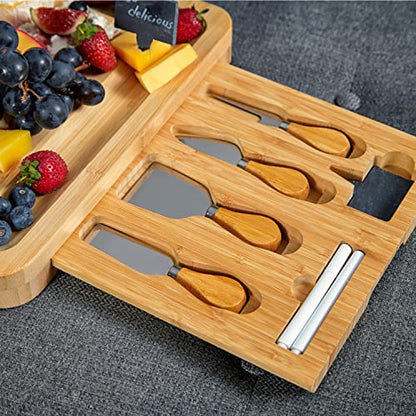 RoyalHouse Unique Bamboo Cheese Board & Knife Set with 2 Slide-Out Cutlery Drawers - Charcuterie Boards Set - Gifts for Women Birthday, Wedding Couples 2025, Bridal Shower - style: Large Cheese Board Set