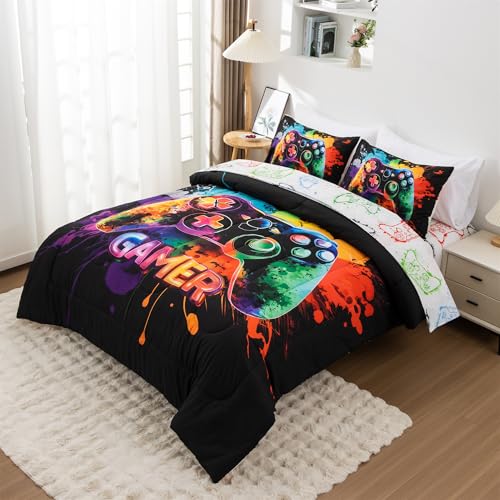 NTBED Game Console Comforter Set for Boys Girls Kids Tie Dye GamingLightweight Microfiber Gamer Bedding Sets (Multi, Queen 5Pcs) - color: Gold, size: Queen