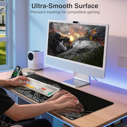 Wireless Charging Mouse Pad with Foldable Phone Holder, 31.5"x15.8" Large Desk Mat for Laptop/Keyboard, Waterproof Ultra-Smooth Surface, Non-Slip Base, Black Wave - color: Black Wave-31.5"x15.8"-Phone Holder