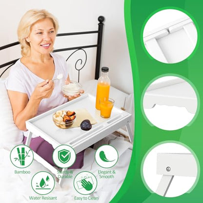 Artmeer Bed Tray Table with Folding Legs, Bamboo Breakfast Food Tray with Media Slot, Use As Platter, Laptop Desk, Snack, TV Tray Kitchen Serving Tray (White Extra-Large Size) - color: White, size: X-Large