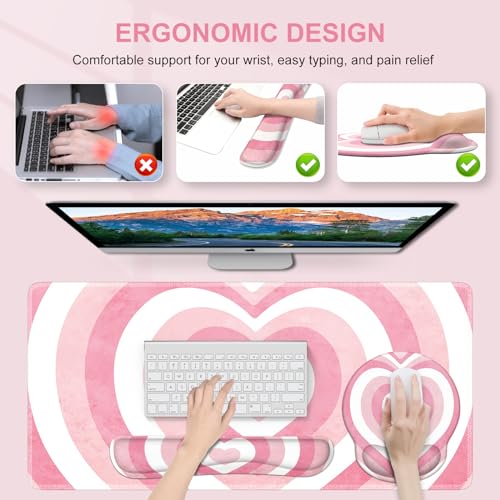 iLeadon Pink Desk Mat, Desk Pad + Pink Mouse Pad with Wrist Rest + Keyboard Wrist Rest + Coaster, 4in1 Mouse Pad Set, Mouse and Keyboard Pad for Home Office, Heart Pink - color: Heart Pink