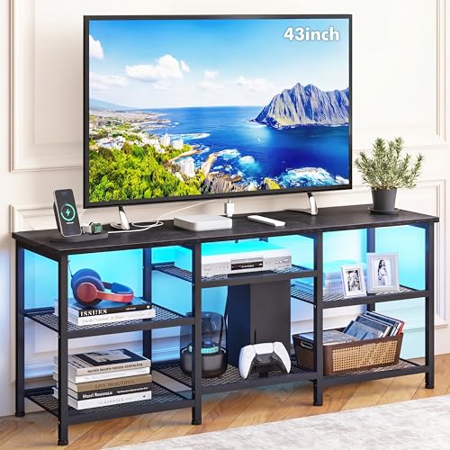 YGEOMER Entertainment Center for TVs Up to 50 Inch, Entertainment Stand with Power Outlet and LED Lights Open Storage Shelves, TV Console Table for Living Room and Bedroom, Black - color: Black