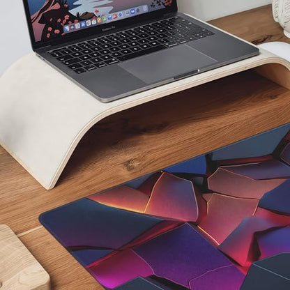Large Gaming Mouse Pad with 3D Geometric Design, Non-Slip Rubber Base, Blue Purple Red, 35.4 x 15.7 Inches, Rectangular Desk Mat - color: 3D Geometric