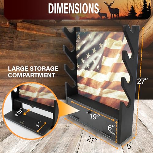 Rush Creek Creations Engineered Wood Gun Rack - Wall Mount Display for 4 Rifles/Shotguns, American Flag Design with Accessory Storage - color: Black
