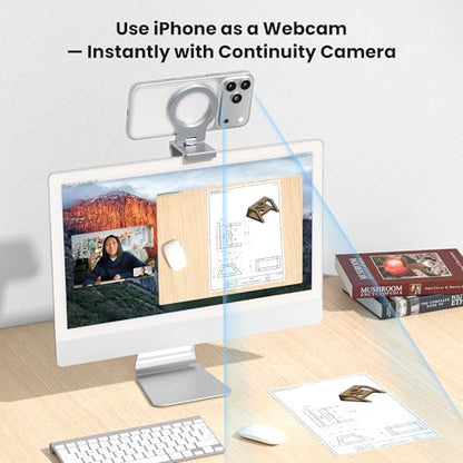 Itramax Continuity Camera Mount for iMac&Desktop Monitor,360° Adjustable iPhone Webcam Stand Holder with Metal Ring for MagSafe iPhone 17 17e/16/15/14/13/12/11/XR/XS,MacBook,Apple TV 4K,Studio Display - color: 360°Rotating-Gray