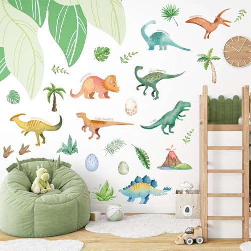 Watercolor Dinosaur Wall Decals – Peel and Stick Prehistoric Dino Wall Stickers with Volcano and Tropical Plants for Home Wall Decor Dinosaur Wall Decals - color: Dinosaur