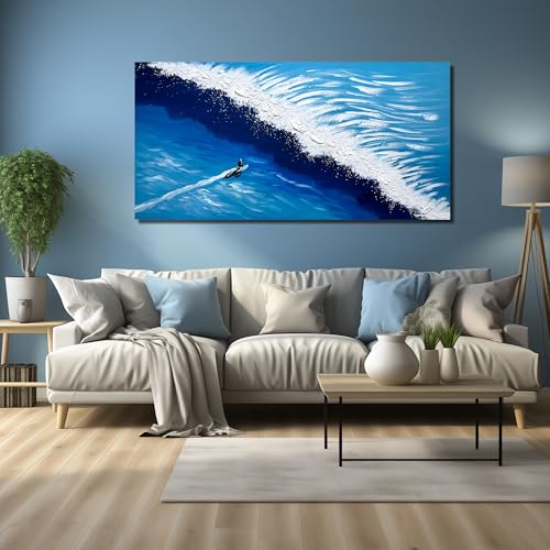 Blue and White Pictures for Wall Bedroom Ocean Hand Painted Wall Art for Office Large Canvas Wall Art for Living Room Size 29 x 58 Inch - color: Blue and White, size: 58"L x 29"W