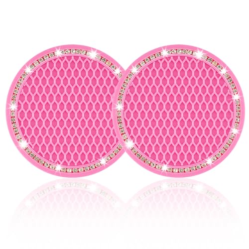 JUSTTOP Car Cup Holder Coaster, 2 Pack Universal Auto Anti Slip Cup Holder Insert Coaster, Bling Crystal Rhinestone Car Interior Accessories-Deep Pink - color: 2pcs-deep Pink, size: Bling coaster(2 pack)