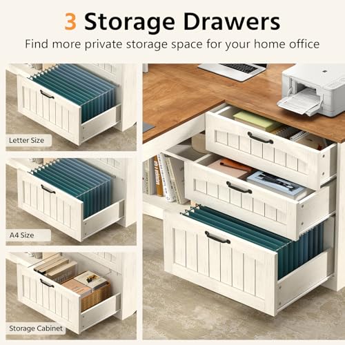 YOMILUVE Farmhouse L Shaped Desk, 61" Home Office Desk with Drawers and Storage Shelves, L Shaped Computer Desk with Power Outlet, Executive Desk with Monitor Stand, Printer Shelf, Brown and White