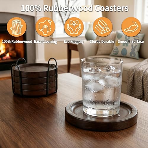 Wood Coasters for Drinks Set of 4 with Holder, Minimalist Table Decor | Rubberwood coasters with holder for everyday drinks, coffee tables, bars, patios, minimalist decor and housewarming gifts