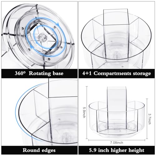 JIKIOU Acrylic Pen Holder, 360-Degree Rotating Pen Holder for Desk, Clear Desk Organizers and Accessories with 5 Compartments Pencil Organizer, Art Supply Storage Box Caddy for Office, Home