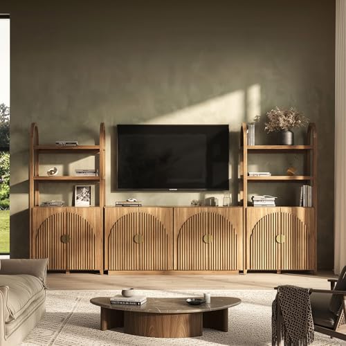 BELLEZE 3-Piece Arched TV Stand Entertainment Center with Storage, Mid Century Modern 2-Piece 72″ Tall Storage Cabinets and 65″ Fluted TV Console for Living Room(Caramel Brown) - color: Stacked Caramel Brown Ab, size: 1