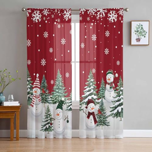 Christmas Red Sheer Curtains 63 Inch Length 2 Panels Set for Living Room/Bedroom, Snowman Standing in Winter Semi Curtain Sheers Drapes White Snowflake Rod Pocket Curtains Window Treatment Set 52x63x2 - color: Christmas, size: 52"W x 63"L (Pack of 2)
