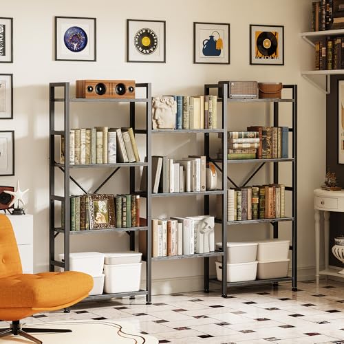 SUPERJARE Triple Bookshelf, Bookcase with 11 Open Display Shelves, Wide Book Shelf Book Case for Home & Office, 4 Tier, Grey - color: Grey, size: 4 Tier