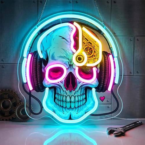 Skull Neon Sign with Headphones,LED Gaming Neon Light,Dimmable USB Powered Neon Wall Sign for Gamer Room, Bedroom, Man Cave, Cool Aesthetic Neon Sign - color: blue-skull