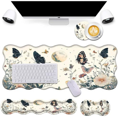 Bxgolkgd Desk Mat Set,Mouse Pad with Keyboard Wrist Rest & Mouse Wrist Rest,Wave-Shaped Design,Non-Slip Rubber Base,Ergonomic Desk Mat for Home,Office,Gaming,Flower Butterfly - color: Flower Butterfly