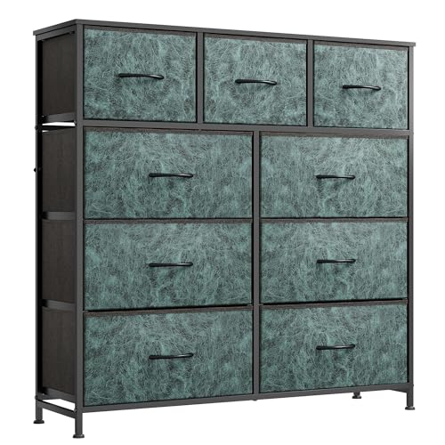 WLIVE 9 Drawer Dresser, Fabric Storage Tower for Bedroom, Hallway, Closet, Tall Chest Organizer Unit for Bedroom with Fabric Bins, Steel Frame, Wood Top, Easy Pull Handle, Vintage Green - color: Turquoise