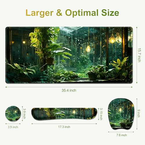 Large Mouse Pad with Wrist Support 4 in1 Set, XXL Big Game Mousepad + Keyboard Wrist Rest+Mouse Wrist Rest Pad +Coaster Gaming Mat for Women Men Home Office Computer I Green Plants Romantic Rain - color: Green Plants Romantic Rain