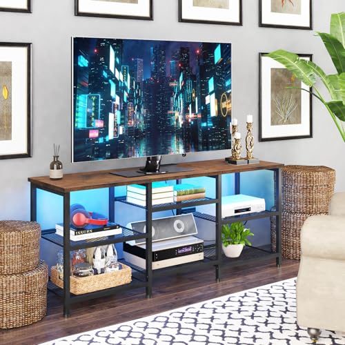YGEOMER TV Stand for Living Room TVs Up to 50 Inches, Entertainment Center with Power Outlet and LED Lights Open Storage Shelves, TV Console for Bedroom, Rustic Brown - color: Rustic Brown
