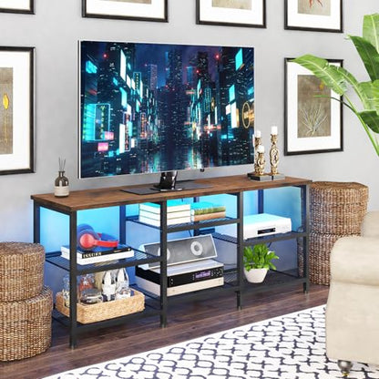 YGEOMER TV Stand for Living Room TVs Up to 50 Inches, Entertainment Center with Power Outlet and LED Lights Open Storage Shelves, TV Console for Bedroom, Rustic Brown - color: Rustic Brown