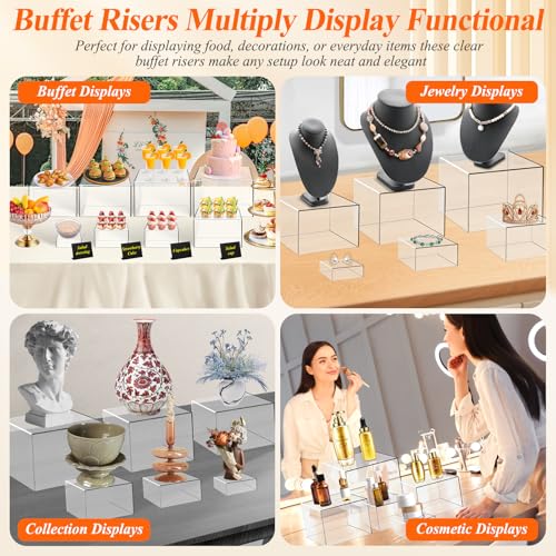 8 Pcs Clear Acrylic Buffet Risers with Mini Sign and Maker,Buffet Risers and Stands Clear Food Display Risers for Buffet Table Party Catering Dessert Cupcake Collectibles (8" 7" 6" 5" 5" 4" 4" 3") - color: 8" 7" 6" 5" 5" 4" 4" 3"