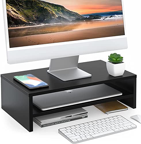 FITUEYES Monitor Stand - 2 Tier Computer Monitor Riser Shelf, Wood Desktop Stand for Laptop Computer Screen, Desk Organization, Office Supplies - color: Black, size: 16.7“