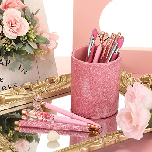 Sabary 8 Pcs Pink Pens with Pen Holder for Desk Glitter Crystal Diamond Cute Ballpoint Fancy Pencil Holder Bling Desk Organizer for Women Girls School Office Supplies Wedding Graduation Gifts - color: Pink