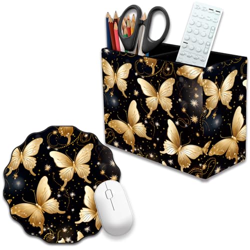 Pen Holder and Anti-Slip Mouse Pad Combination, Makeup Brush Storage Box, Tableware Storage Box, Suitable for Office and Home - Golden Butterfly - color: Golden Butterfly