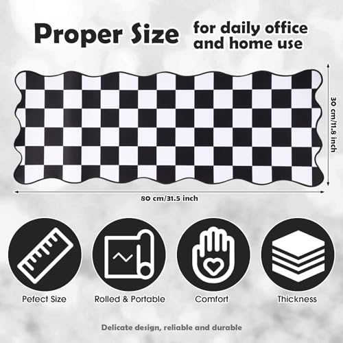 Copkim 1 Pcs Black Scalloped Checkered Desk Mat 31.5 x 11.8 Inch Large Cute Mouse Pad Computer Mat Non Slip Waterproof Rubber Base with Border Stitching Soft Keyboard Pad for Home Office Gaming Makeup - color: Black, style: Checkered