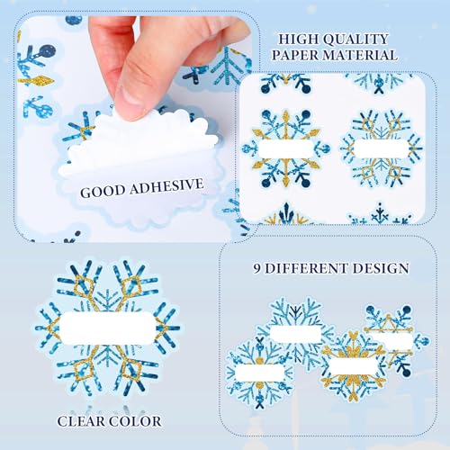 Whaline 90Pcs Christmas Winter Name Tag Stickers Blue Gold Snowflake Shape Nameplates Xmas Self-Adhesive Gift Label Decals for Holiday Present Students Desk Classroom, 9 Designs - style: Snowflake