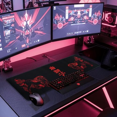 BELLEMOND Japanese Art Desk Mat | Large 31.5x11.8in Anime Mouse Pad for Keyboard & Mouse | Non-Slip Base, Water-Repellent | Original Japanese Design | Kara-jishi - Twin Lions - color: Kara-jishi - Twin Lions