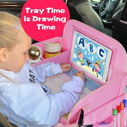 MENZOKE Kids Travel Tray, Car Seat Table Tray, Road Trip Essentials with Educational Drawing Board, Tablet Holder & Cooler Cup Holder, Travel Table for Kids Gifts in Car, Airplane, Multicoloured - color: Magic Pink