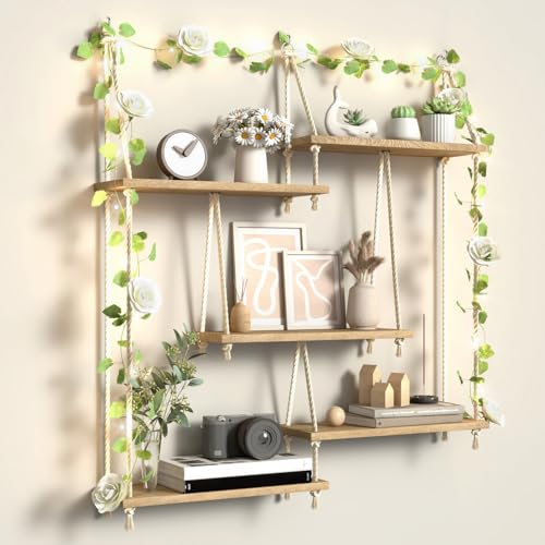 Hanging Shelves for Wall with Vine Lights 5 Tier Boho Wall Shelf Macrame Floating Shelves Rope Rustic Wood Organizer Storage Hanger Rack Decor Aesthetic for Succulents Bedroom Kitchen Bathroom Home - color: Five Floors