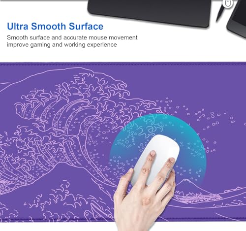IMAYONDIA Great Wave Large Gaming Mouse Pad, Purple Minimalist Japanese Desk Mat, Gamer Aesthetic Extended Mousepad Cute, Non-Slip Rubber Base Lilac Desk Pad for Office- 31.5 X 11.8 Inch - color: Purple Great Wave