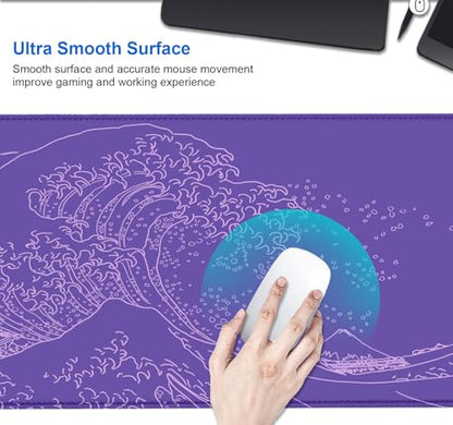 IMAYONDIA Great Wave Large Gaming Mouse Pad, Purple Minimalist Japanese Desk Mat, Gamer Aesthetic Extended Mousepad Cute, Non-Slip Rubber Base Lilac Desk Pad for Office- 31.5 X 11.8 Inch - color: Purple Great Wave