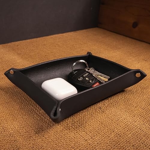 Valet Tray – Full-Grain Leather Catchall Organizer for Keys, Phone & Wallet – Rustic Nightstand & Desk Tray with Raised Sides – Handmade in USA (Black, Small Rectangle) - color: Black, size: Small Rectangle