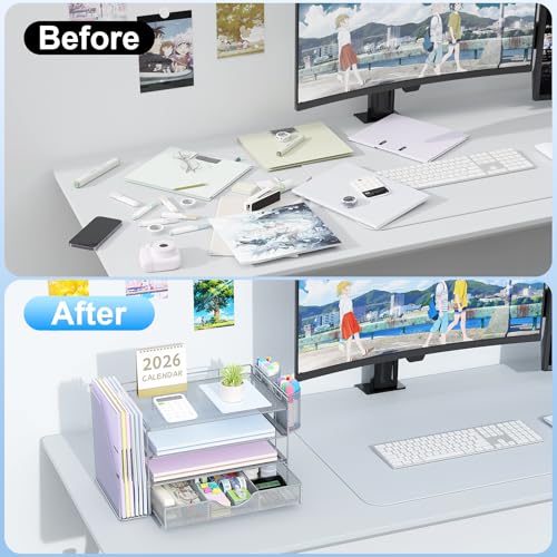 gianotter Desk Organizers and Accessories with File Holder, 4-Tier Desk Accessories & Workspace Organizers with Drawer and 2 Pen Holder, Paper Organizer for Office Supplies (Grey) - color: Grey