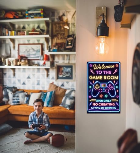 Gamer Room Decor for Boys Welcome Sign: Gaming Wall Art Accessories, Cool Play Room Posters for Boys Room, Kids Door Sign Gifts, Teenage Wall Pictures, Bedroom Decorations, Video Game Stuff for Gamer - style: Level Up Lounge