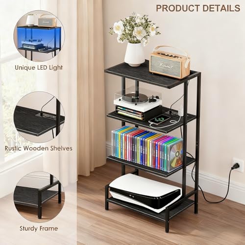 Arbuxzuy 4-Tier AV Media Stand with Power Outlet and LED Lights,Wooden Stereo Stand Cabinet,Game Console Shelf for Small Space,Audio Rack Stand Tower Ideal for Video DVD Players,Xbox - color: Black