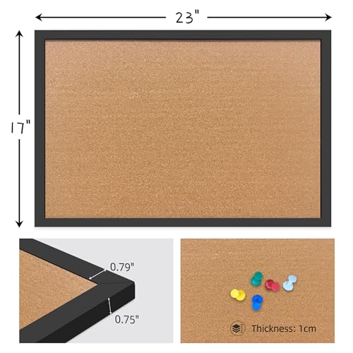 Cork Bulletin Board, 17x23 Inches Hanging Cork Board Wooden Framed with Pins for Wall, Dorm Room, Office, Home Decor – Natural Cork & Black Frame - color: Black, size: 17" x 23"