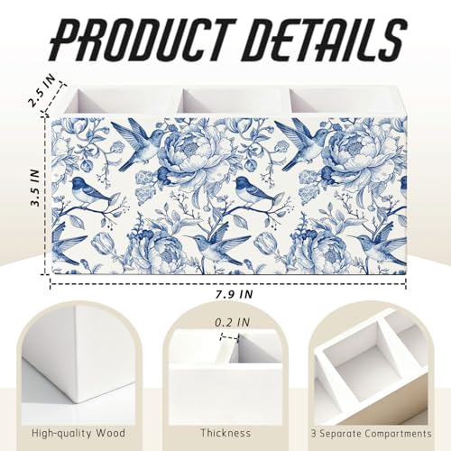 Blue Chinoiserie Bird Floral Pen Pencil Holder for Desk, Bird Lovers Gifts, Cottagecore Flower Botanical Wooden Box Sign Decorations for Home Office Girls Room Bedroom Desk Tabletop - color: 03- Blue Flower (white)
