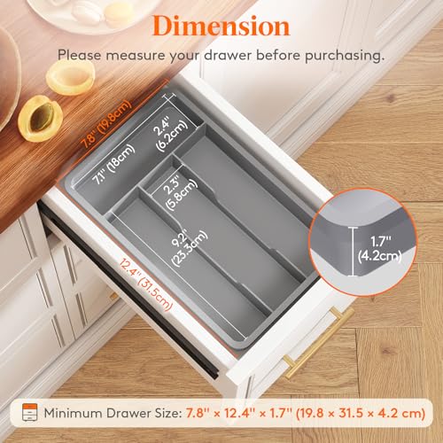 Lifewit Silverware Drawer Organizer Tray, Plastic Cutlery Storage for Kitchen, Flatware and Utensil Holder Divider for Spoons Forks Knives Tableware, 7.8 x 12.4", 4 Slots, Gray - color: Gray, size: 7.8 x 12.4 inch (4 Slots)