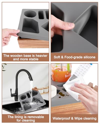 Couch Cup Holder Tray, Silicone Wooden Couch Caddy with Cup Holder for Snacks, Drinks, Remotes, Waterproof Cup Holder for Couch, Organizer, Couch Drink Holder, Sofa Cup Holder - color: C-gray