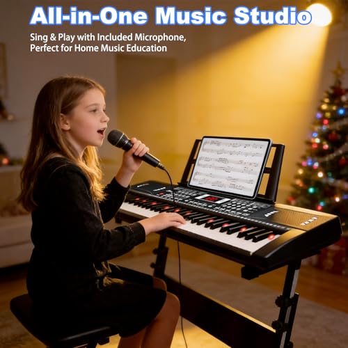 Keyboard Piano 61 Lighted Keys, Electric Keyboard Kit with 100 Voices, 100 Rhythms - Built-In Speaker, Microphone, Sheet Stand and Power Supply, Gift for Children Beginners [Black, Piano with Stand] - color: Black