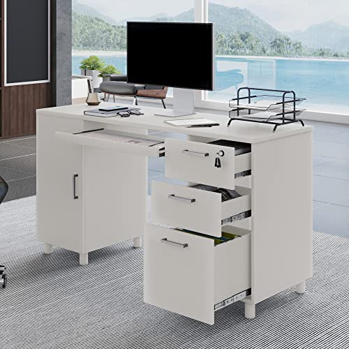 Modern Design Venice Computer Office Desk with 3 Locking Drawers and Storage Cabinet, 53 Inch Home and Office Executive White Desk with Keyboard Tray by Crafts and Comfort - color: White