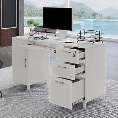 Modern Design Venice Computer Office Desk with 3 Locking Drawers and Storage Cabinet, 53 Inch Home and Office Executive White Desk with Keyboard Tray by Crafts and Comfort - color: White