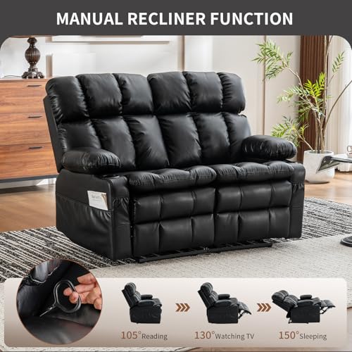 Loveseat Recliner Sofa with Massage & Heat, Wall Hugger Reclining Love seat with Adjustable Headrest, RV Double Recliner Couch with Cup Holders, Side Pockets, Home Theater Seating, Black - color: Black, size: Loveseat