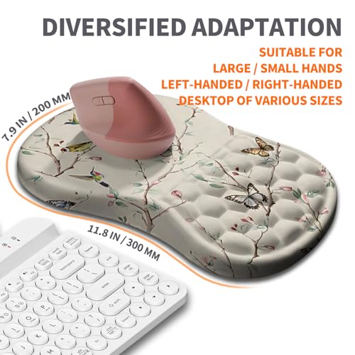 Ergonomic Joint Wrist Support Mouse Pad with Memory Foam Cushion Massage Bump, Carpal Tunnel Pain Relief Mousepad Slope Design for Wrist Rest, 11.8x7.9 in, Butterfly Hummingbird - color: Butterfly Hummingbird