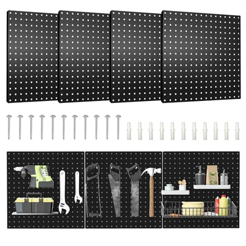 Pegboard, 4 PCS 16”×16” Large Heavy Duty Metal Pegboard Panels with Frame Black Peg Board Display Peg Boards for Walls, Display, Garage Tool Storage, Office Organization, Craft Room, Kitchen - color: Black, size: 16"×16"-4PCS